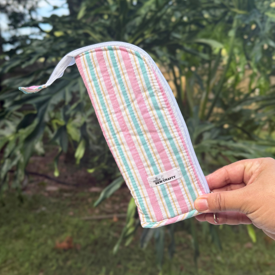 Standing Pencil Case - Makeup Brush Holder - Stripes Pink and Green