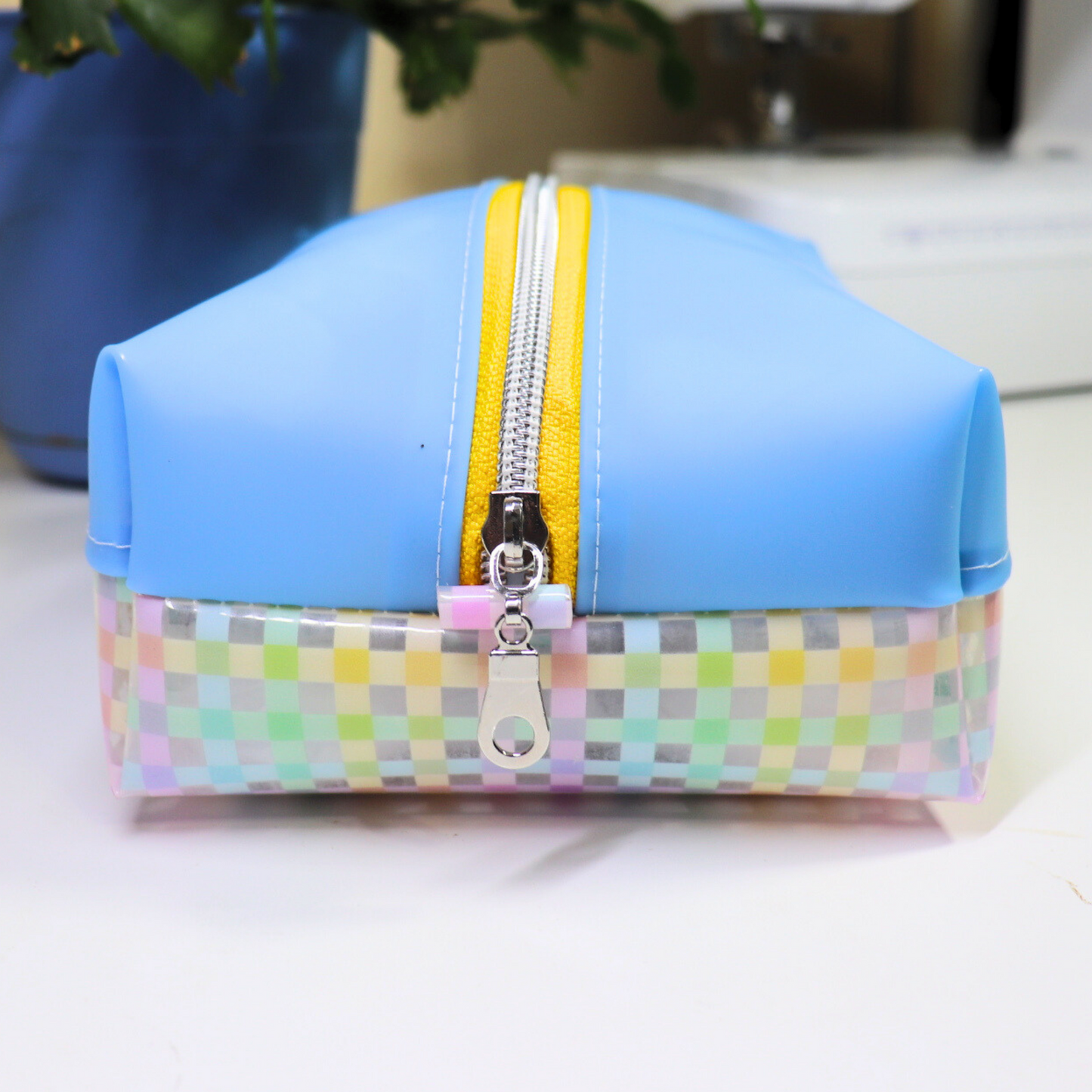 Blue Gingham Clear Boxy Pouch