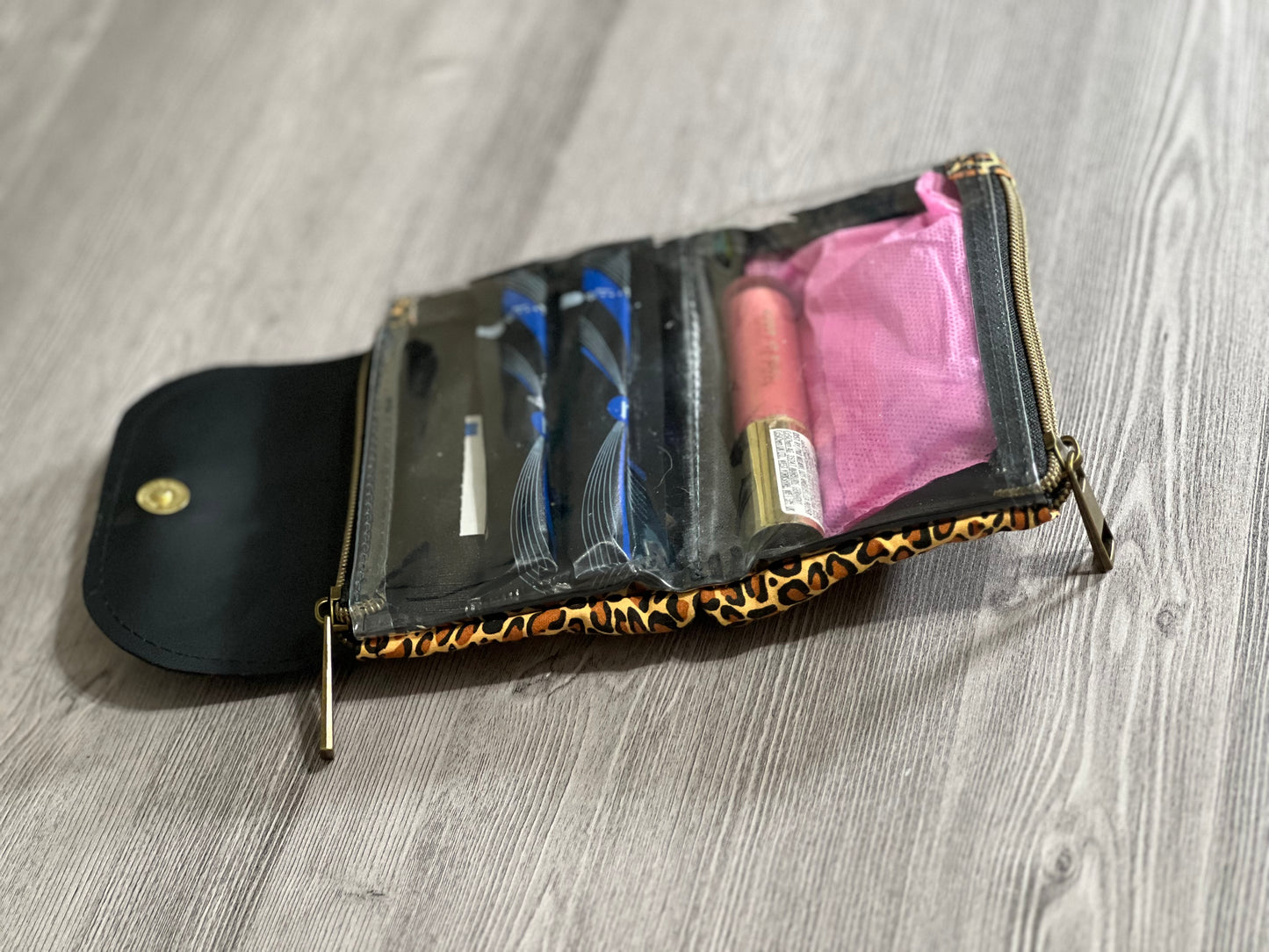 Mini Cheetah Dual Zipper Pouch with Clear Lining